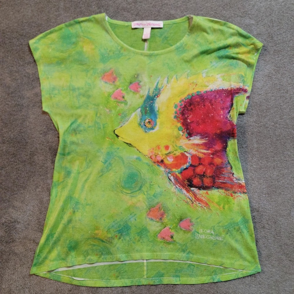 Leoma Lovegrove Shirt Women Medium Vibrant Green Fish Art to Wear Tunic Made USA